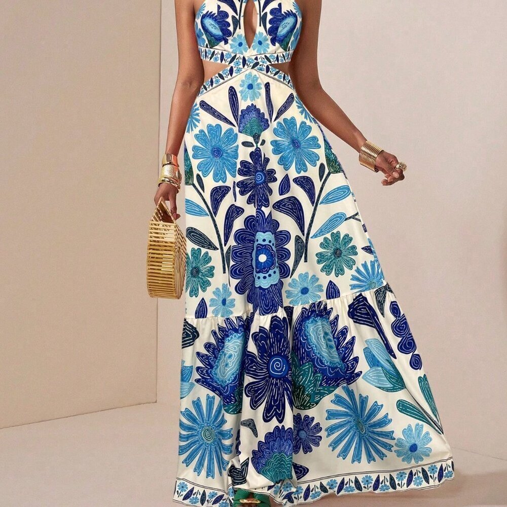 Blue Boho Women's Wave Wedding Cross Halter Neck Dress - Picture 5 of 6